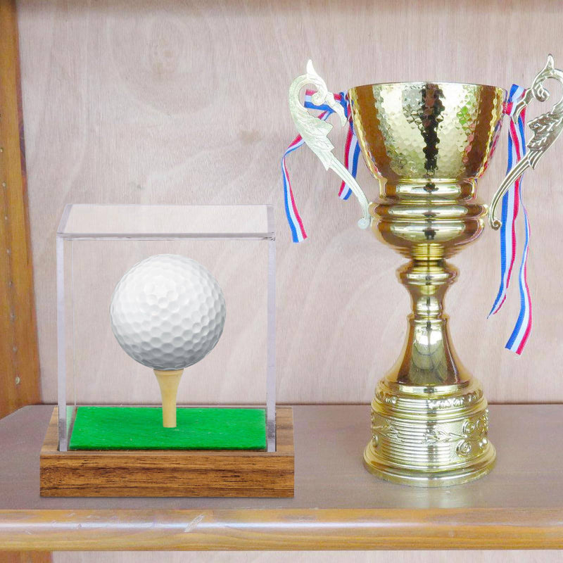 Hooqict Golf Ball Display Case Clear Acrylic Golf Ball Memorabilia Display Case with Wood Base and Grass Pad Ball Holder Stand Display Cube Single Golf Collection Box