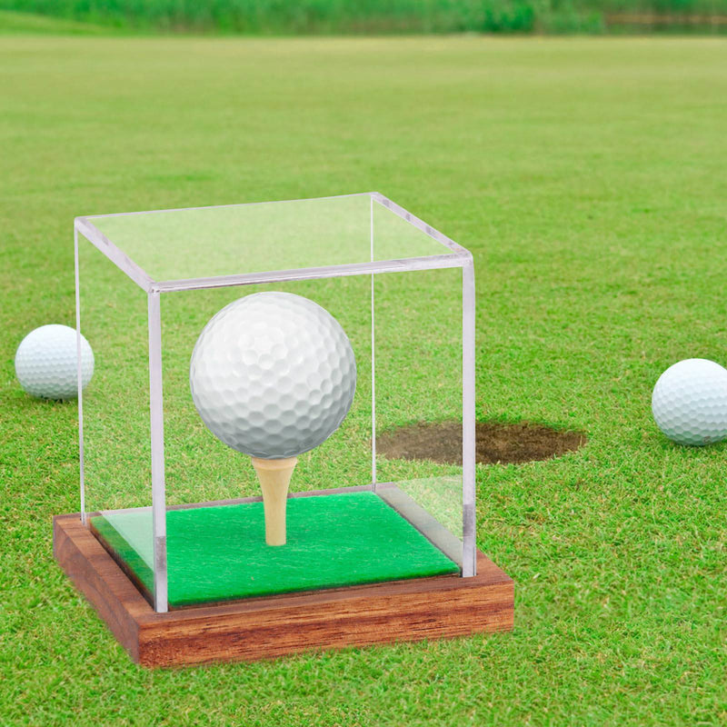 Hooqict Golf Ball Display Case Clear Acrylic Golf Ball Memorabilia Display Case with Wood Base and Grass Pad Ball Holder Stand Display Cube Single Golf Collection Box