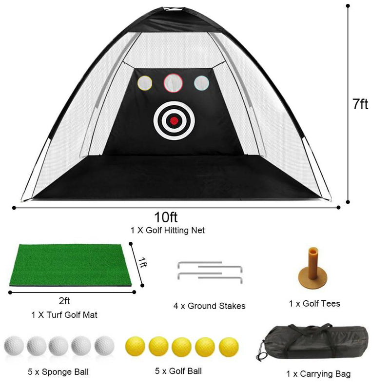 Golf Practice Net, JARAGAR 10 X 7 Ft Golf Training Net with Hitting Mat and Carry Bag for Backyard Driving, Golf Foldable Net for Kids Adult Indoor Outdoor Swing Chipping Training Equipment