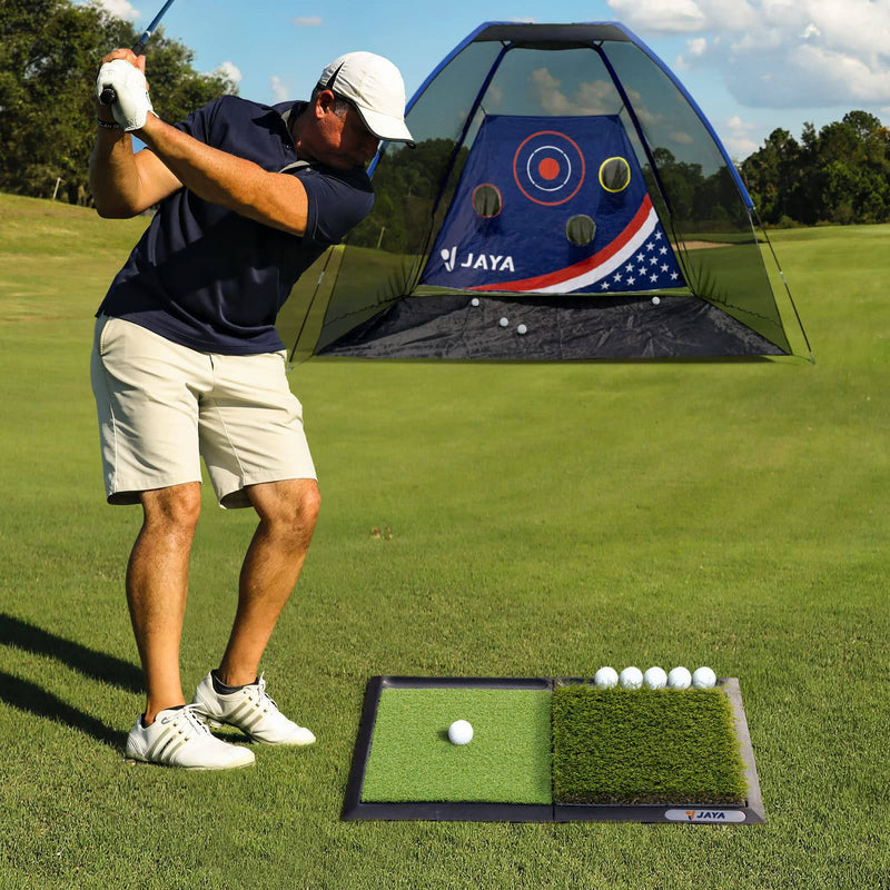 JAYA Golf Hitting Mat with Ball Tray, Heavy Rubber Base, Fairway & Rough Turf Golf Training Mat, Golf Tees and Rubber Tee Holder Included, Portable Golf Practice Mat for Indoor and Outdoor