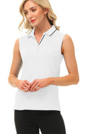 JINSHI Women's Sleeveless Top Lady-Fit Polo Shirts Premium Cotton Golf Tennis Gym Athletic Tee Shirts White