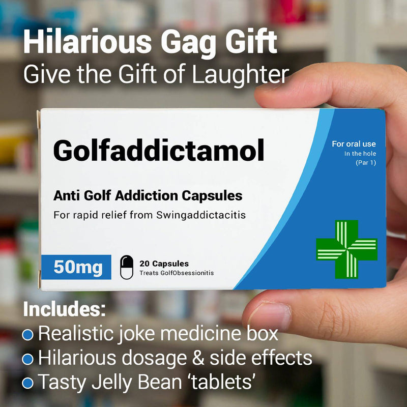 GolfAddictamol - Funny Golf Gifts for Men. Joke Prank Pill Box, Jelly Bean Sweets 50g. Gifts for Men, Dad Gifts, Golf Gifts, Golf Gifts for Men