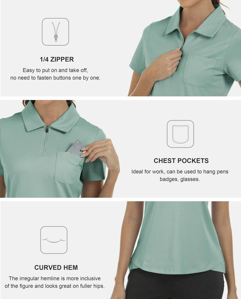 MoFiz Women's Golf Tennis Polo Shirts Cotton Breathable Casual Sports Work-wear Polo T-Shirt with 1/4 Zipper Green