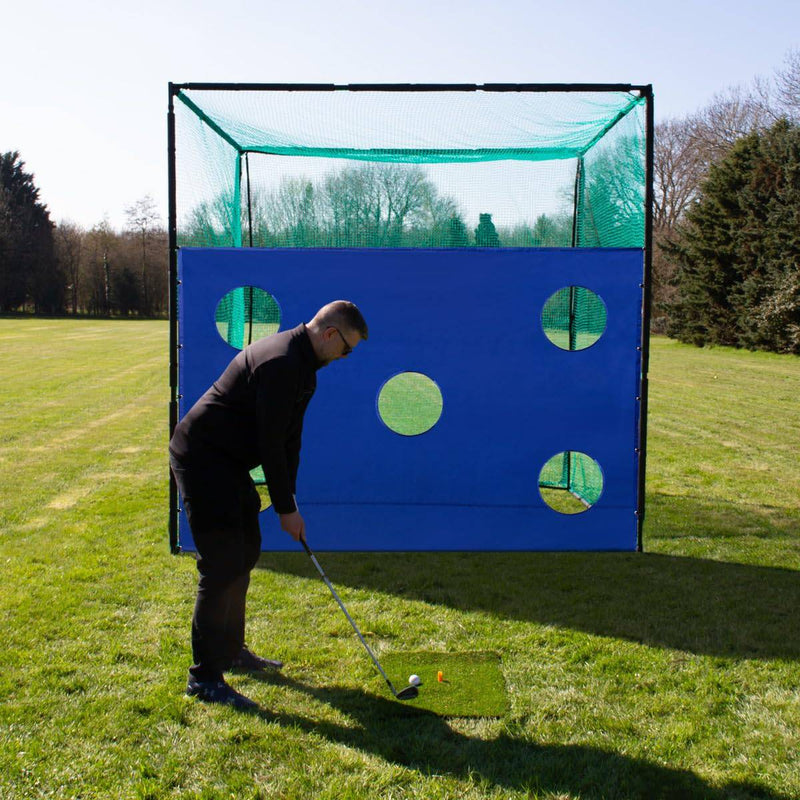 Golf Practice Cage 10ft 3m & 5 Hole Target Sheet Driving Range High Impact 25mm Mesh Hitting Swing Training Equipment Outdoor Freestanding Steel Frame Bullseye Target Artificial Grass Mat & 6cm Tee