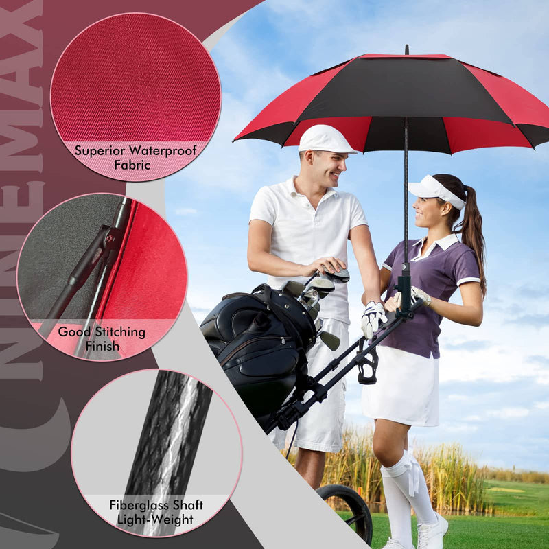 NINEMAX Golf Umbrella Windproof Strong 62 Inch - Oversize Golfing Umbrellas Automatic Open - Extra Large Umbrellas Double Canopy for Rain Heavy Duty(Black/Red)