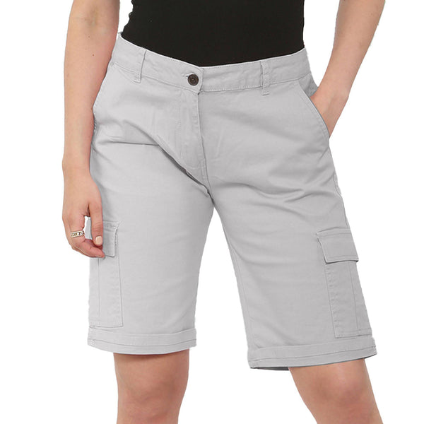 NOROZE Women's Stretch Cargo Shorts - Ladies Turned Hem Bengaline Combat Pants Chino Capri Regular Fit Above The Knee Bermuda Summer Crops Stone