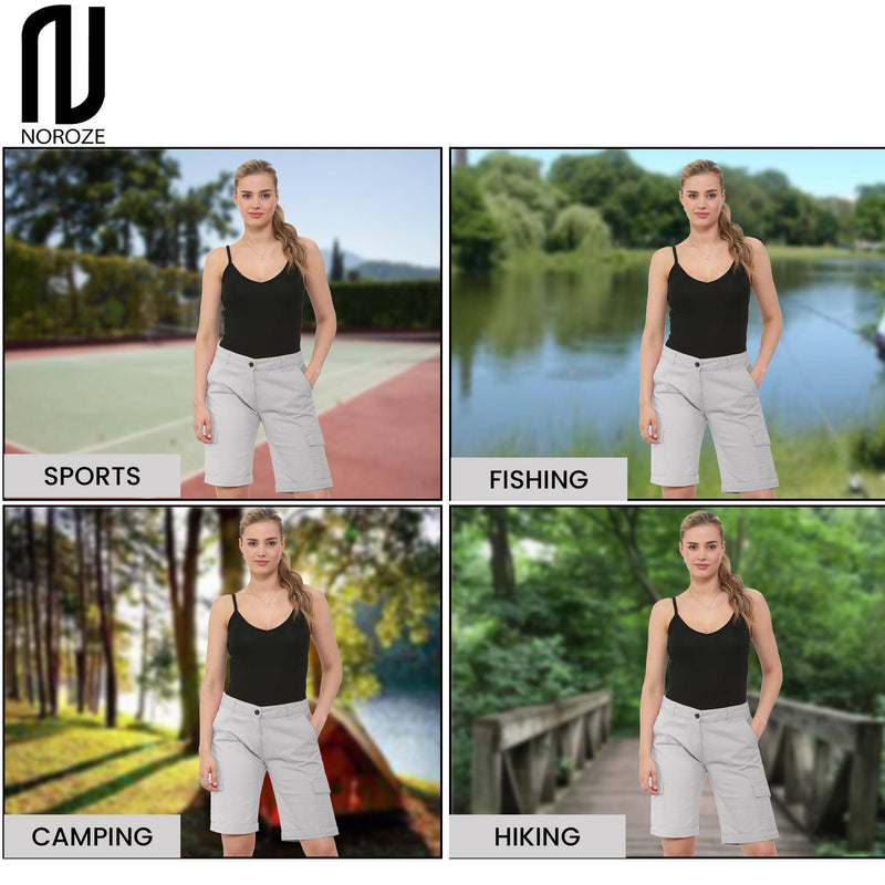 NOROZE Women's Stretch Cargo Shorts - Ladies Turned Hem Bengaline Combat Pants Chino Capri Regular Fit Above The Knee Bermuda Summer Crops Stone