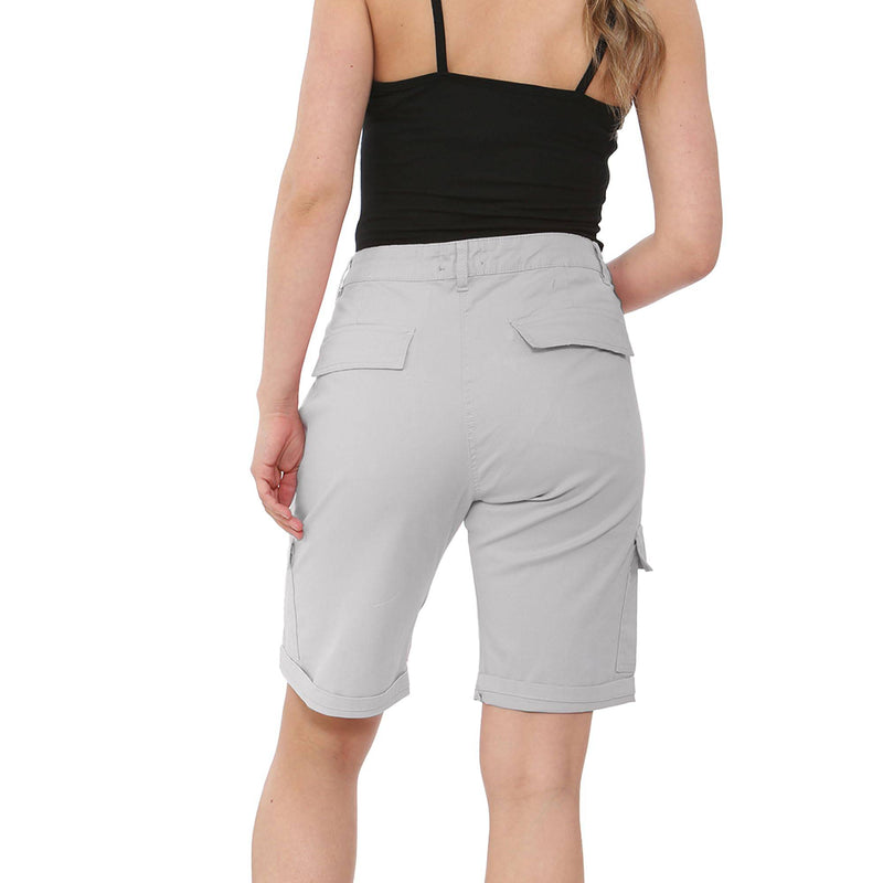 NOROZE Women's Stretch Cargo Shorts - Ladies Turned Hem Bengaline Combat Pants Chino Capri Regular Fit Above The Knee Bermuda Summer Crops Stone