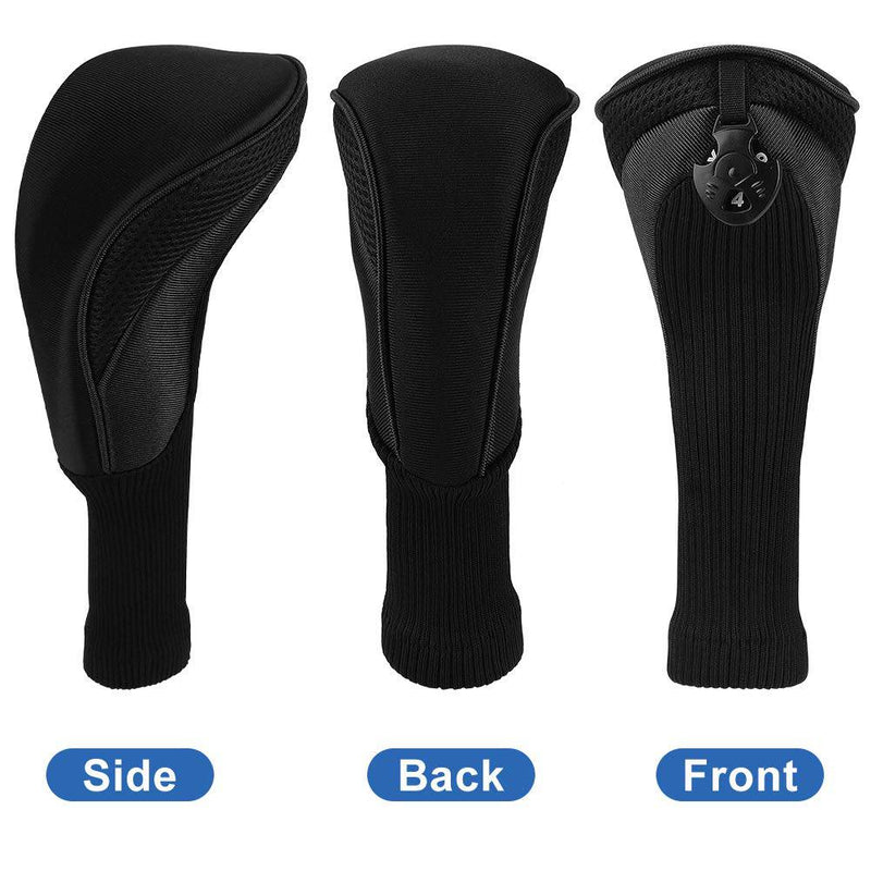 Number-one Golf Club Head Covers for Fairway Woods Driver Hybrids, 3Pcs Long Neck Mesh Golf Club Headcovers Set with Interchangeable No. Tags 3 4 5 6 7 X (Black)