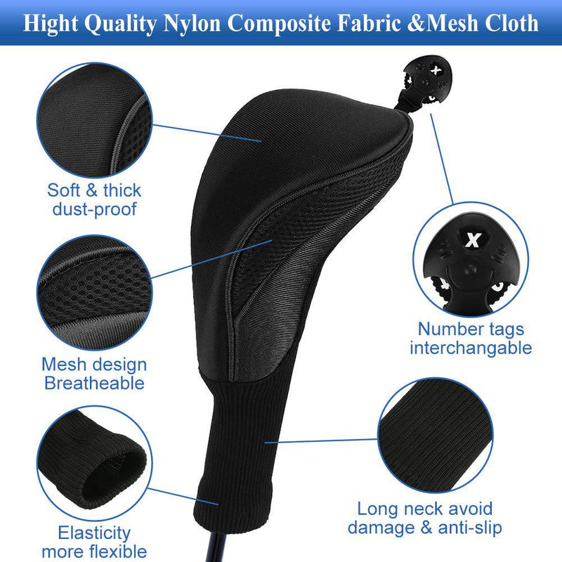 Number-one Golf Club Head Covers for Fairway Woods Driver Hybrids, 3Pcs Long Neck Mesh Golf Club Headcovers Set with Interchangeable No. Tags 3 4 5 6 7 X (Black)