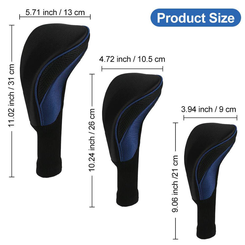 Number-one Golf Club Head Covers for Fairway Woods Driver Hybrids, 3Pcs Long Neck Mesh Golf Club Headcovers Set with Interchangeable No. Tags 3 4 5 6 7 X (Blue)