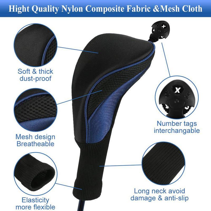 Number-one Golf Club Head Covers for Fairway Woods Driver Hybrids, 3Pcs Long Neck Mesh Golf Club Headcovers Set with Interchangeable No. Tags 3 4 5 6 7 X (Blue)