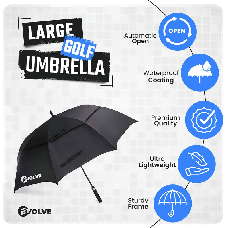 Evolve Large Golf Umbrella | 1 touch Automatic Open | Large Oversize Double Canopy Vented | Windproof & Sun-Proof | 100% Best Waterproof Stick fibreglass Umbrella