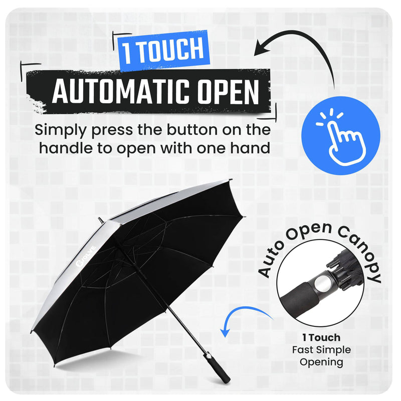 Evolve Large Golf Umbrella | 1 touch Automatic Open | Large Oversize Double Canopy Vented | Windproof & Sun-Proof | 100% Best Waterproof Stick fibreglass Umbrella