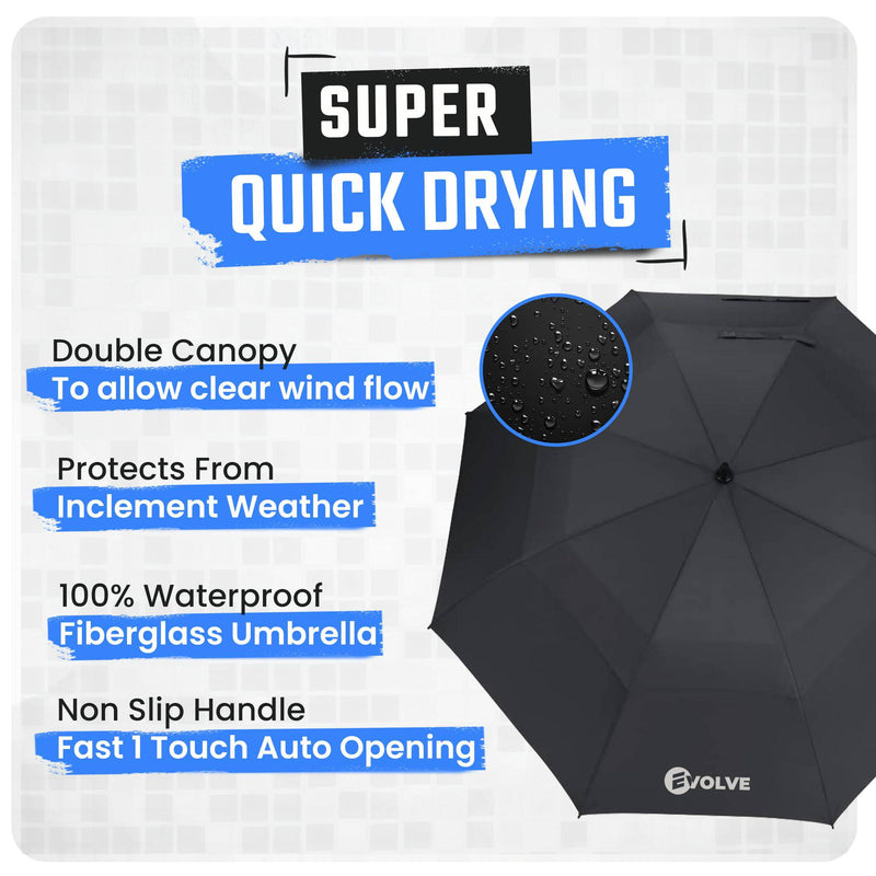 Evolve Large Golf Umbrella | 1 touch Automatic Open | Large Oversize Double Canopy Vented | Windproof & Sun-Proof | 100% Best Waterproof Stick fibreglass Umbrella