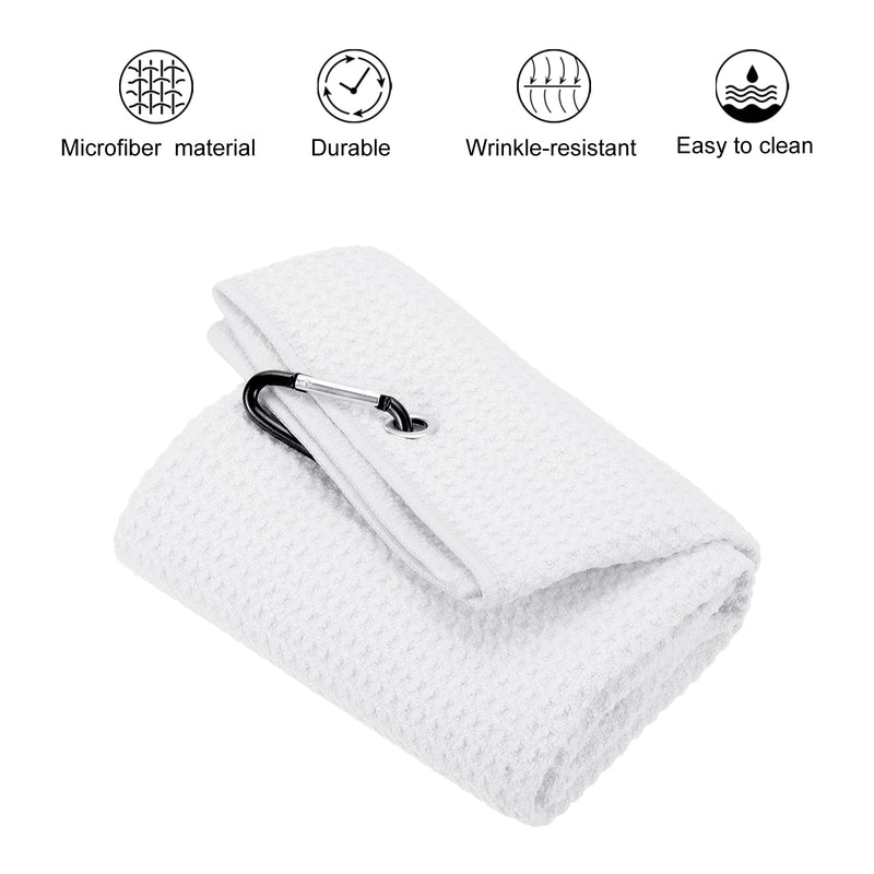 PATIKIL 16"x16" Tri-Fold Golf Towels, Waffle Pattern Towels Soft Fiber Strong Water Absorption with D Clip for Golf Lovers, White