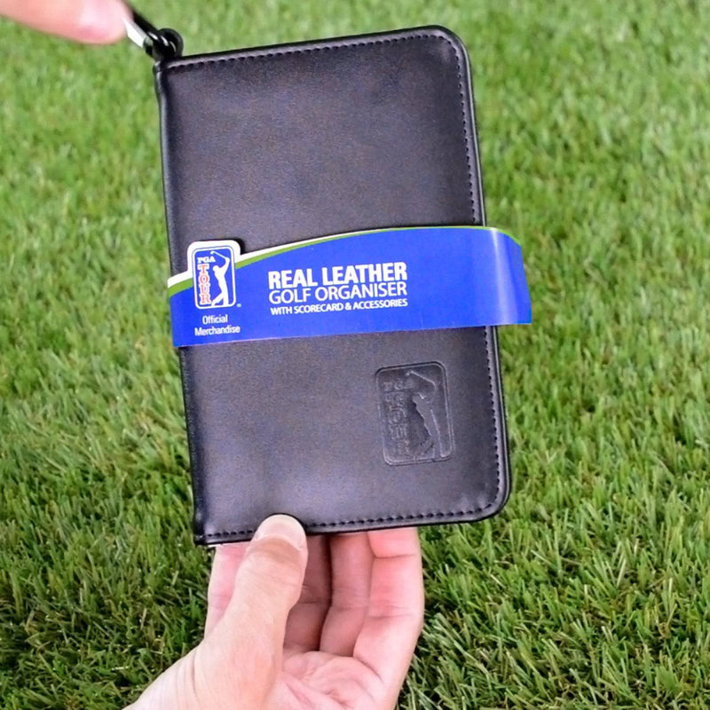 PGA Tour Real Leather Golf Organiser with Scorecard, Holder and Accessories - Black, H23.5, W14.5, D2.6cm.