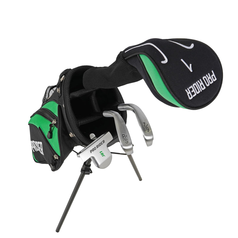 Pro Rider JR1 Junior Stand Bag Golf Package Set | Kids Golf Starter Set with 4 Clubs | Oversize Driver, Irons, Putter, Bag & Headcovers | Lightweight Graphite Shafts & Soft Grips (Green, Ages 5-8)