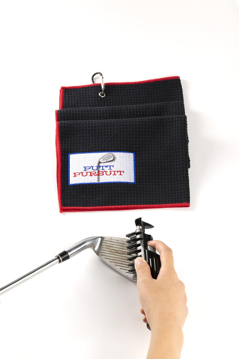 Putt Pursuit Golf Club Cleaner Kit - Cleaning Brush with Built-in 80ml Water Spray Bottle & Highly Absorbent 60 x 40 Microfiber Towel - Portable Golf Cleaning Accessories - Gifts for Golf enthusiasts