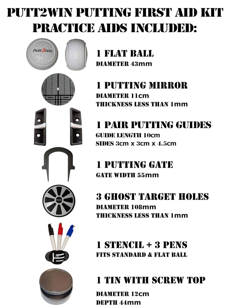 Putt2Win Putting Practice First Aid Kit full of Golf Training Aids inc a Putting Mirror, Putting Guides, Putting Gate, Ghost Holes, Flat Golf Ball, Ball Stencil & Marker Pens in a Tin. Great Golf Gift