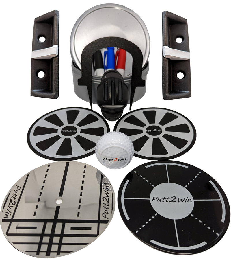 Putt2Win Putting Practice First Aid Kit full of Golf Training Aids inc a Putting Mirror, Putting Guides, Putting Gate, Ghost Holes, Flat Golf Ball, Ball Stencil & Marker Pens in a Tin. Great Golf Gift