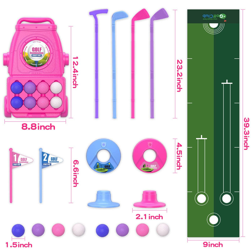 QDRAGON Kids Golf Clubs, Toddler Golf Set With 8 Balls, Putting Mat, 4 Golf Sticks, 2 Practice Holes And Golf Cart With Wheels, Indoor Outdoor Sport Toys Gift For Girls Ages 2 3 4 5+, Pink