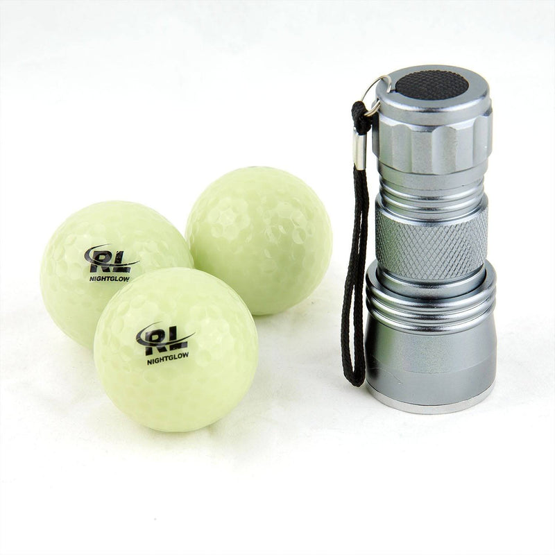 R&L Glow Golf Balls for Night Sports - Tournament Fluorescent Glowing in The Dark Golf Ball - Long Lasting Bright Luminous Balls Rechargeable with UV Flashlight - Included (6 Pack)