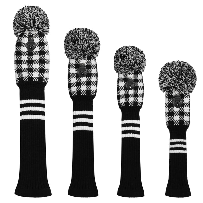 Knit Woods Golf Head Covers, Set of 4, Black White Plaid, Fit Driver (460CC) Fairways hybrid/UT. Soft and Elastic, Decorative Your Golf Bag to Make It Stand Out