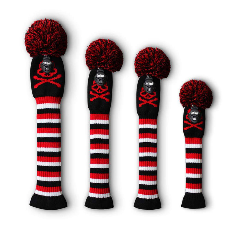 Meili Multi-Style Knit Golf Head Cover Set of 4 for Driver Wood*1, Fairway Wood*2 and Hybrid*1, Long Neck, Big Pom Pom, Low-Key Style, Suitable for men/women (Skull Pattern)