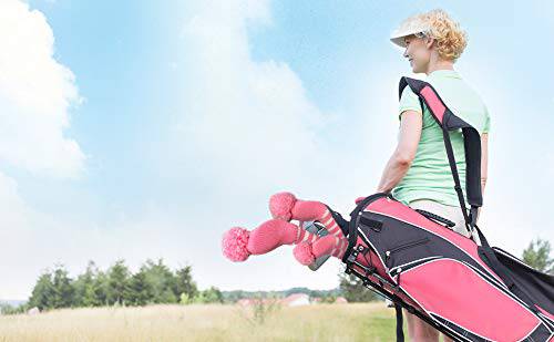 Pink Golf Head Covers for Woods 5 PCS Knit Golf Club Cover Driver Cover*1 Fairway Wood*2 Hybrid (UT)*2 Old-school Style, Big Pom-poms, Best Gift for Female