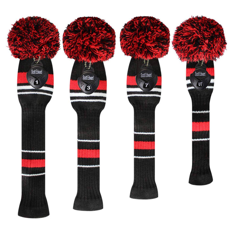 Scott Edward Knit Golf Wood HeadCovers, Set of 4, Fit Driver (460CC) Fairways hybrid/UT, Soft and Thick, Eyes-catching, Black Red White Stripes