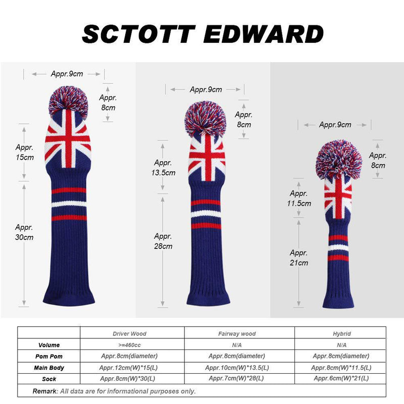 Scott Edward Knitted Golf Club Head Covers for Woods 3Pcs Set Golf Driver (460CC) Fairways and Hybrid/UT with Rotating Number Tags(UK Flag)