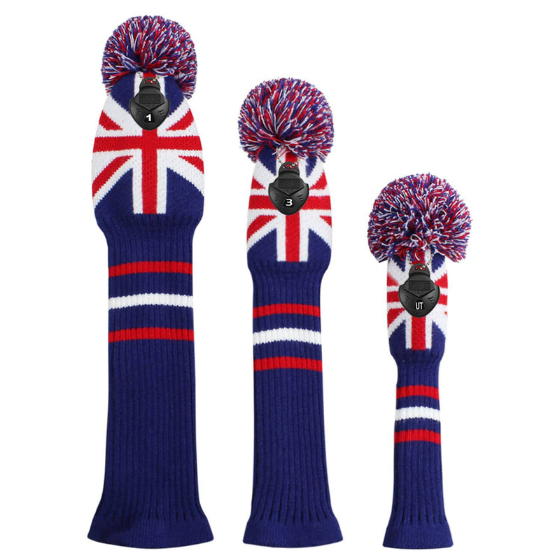 Scott Edward Knitted Golf Club Head Covers for Woods 3Pcs Set Golf Driver (460CC) Fairways and Hybrid/UT with Rotating Number Tags(UK Flag)