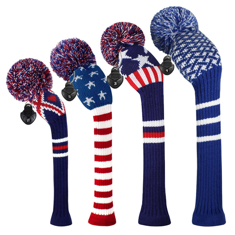 Scott Edward Knitted Golf Head Covers 4PCS Handmade Fit Well for Driver and Fairway Woods with Long Neck Pom Pom Golf Club Headcovers Set Colorful Multiple Colors