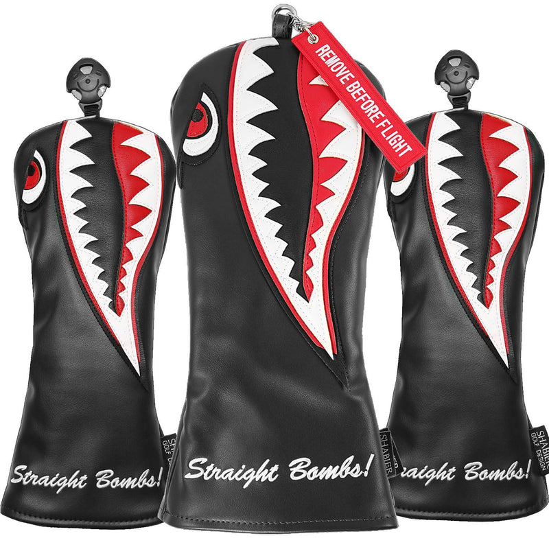 SHABIER Golf Black Flying Tiger Warshark Driver Cover, Leather, for 460cc Driver, Fairway, Hybrid, Interchangeable Number Tags
