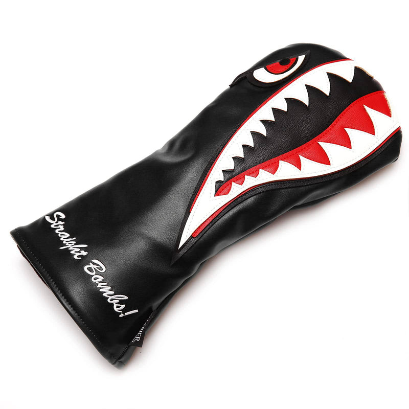SHABIER Golf Black Flying Tiger Warshark Driver Cover, Leather, for 460cc Driver, Fairway, Hybrid, Interchangeable Number Tags