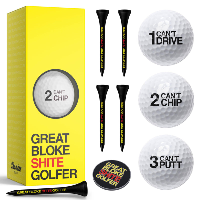 Shanker Golf Balls Gift Set - Shite Golfer Starter Pack - Sleeve of 3 Balls, Ball Marker & Wooden Tees Set - Perfect Funny Gift for Golfers - Funny Rude Horrible Golf Balls Set - Novelty Golf Gift