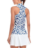 Soneven Women’s Sleeveless Golf Polo – White Leopard Print