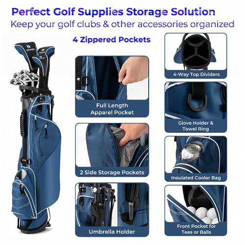 SPOTRAVEL Golf Stand Bag, Lightweight Golf Clubs Storage Bags with Adjustable Dual-Strap, 4-Way Top Divider & Foldable Bracket, Waterproof Golf Trolley Bag for Adults (Blue)