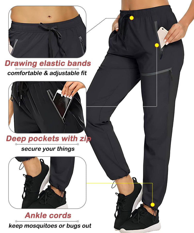 StaySlim Walking Trousers for Women Outdoor Hiking Trousers Lightweight Cargo Pants with Zip Pockets Quick Dry Ladies Overtrousers UPF 50 UV Protection, Black, L.