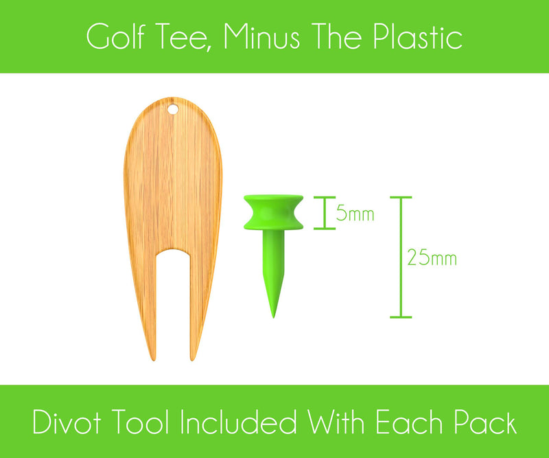 Bamboo Golf Tees | Pack of 50 Golf Tees | 25mm Castle Golf Tee (Green) | Strong, Sturdy and Eco-Friendly | Each Pack of Bamboo Tees Includes Bamboo Pitch Mark Repair Tool