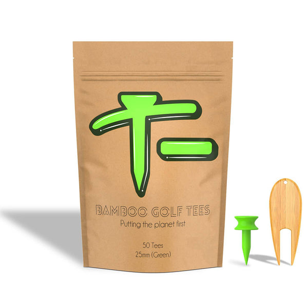 Bamboo Golf Tees | Pack of 50 Golf Tees | 25mm Castle Golf Tee (Green) | Strong, Sturdy and Eco-Friendly | Each Pack of Bamboo Tees Includes Bamboo Pitch Mark Repair Tool