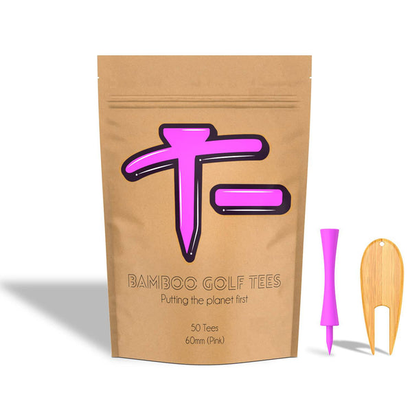 T- Bamboo Golf Tees | Pack of 50 Golf Tees | 60mm Castle Golf Tee (Orange) | Strong, Sturdy and Eco-Friendly | Each Pack of Bamboo Tees Includes 50 Tees and a Bamboo Pitch Mark Repair Tool