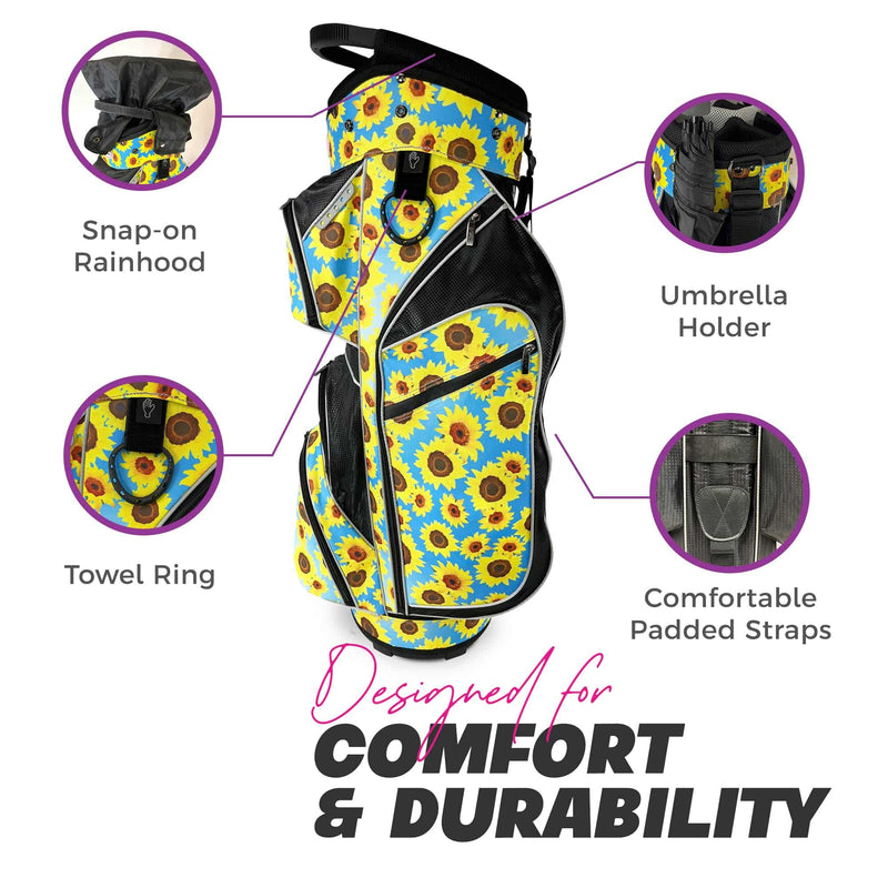 Womens Golf Bag - Taboo Fashions Lightweight Ladies Cart Bag, 14-Way, 7 Zippered Pockets, Rain Hood, Insulated Beverage Compartment (Sultry Sunflowers)