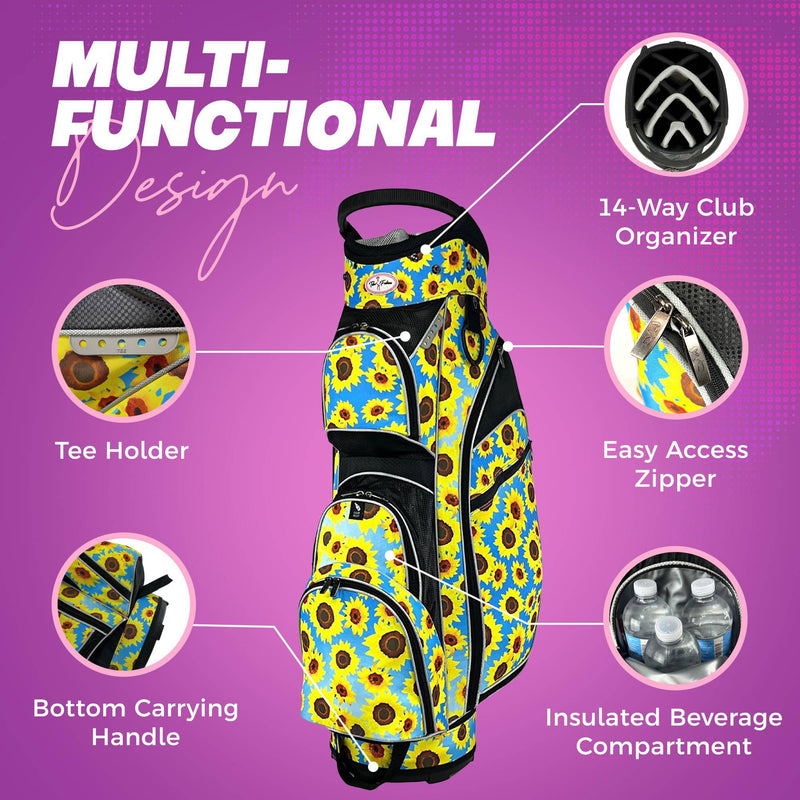 Womens Golf Bag - Taboo Fashions Lightweight Ladies Cart Bag, 14-Way, 7 Zippered Pockets, Rain Hood, Insulated Beverage Compartment (Sultry Sunflowers)