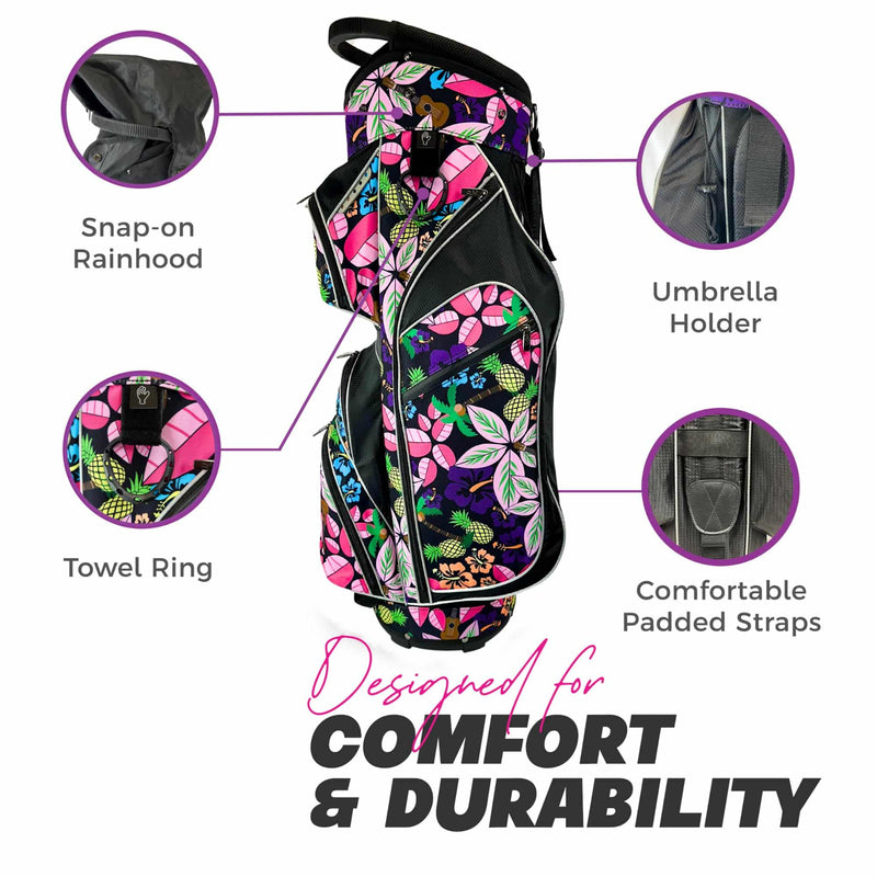 Womens Golf Bag - Taboo Fashions Lightweight Ladies Cart Bag, 14-Way, 7 Zippered Pockets, Rain Hood, Insulated Beverage Compartment (Tropical Paradise)