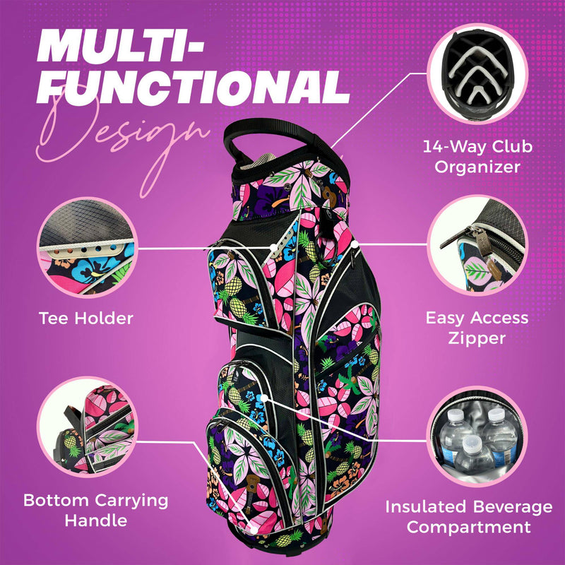 Womens Golf Bag - Taboo Fashions Lightweight Ladies Cart Bag, 14-Way, 7 Zippered Pockets, Rain Hood, Insulated Beverage Compartment (Tropical Paradise)