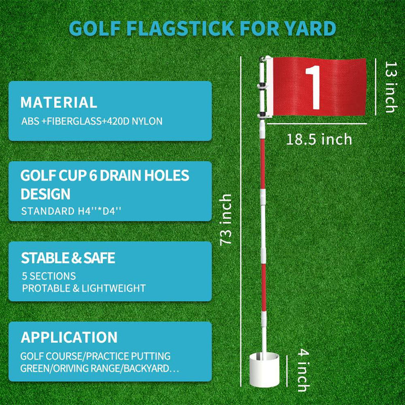 THIODOON Golf Flag 180cm for Garden Indoor Yard Putting Green Golf Hole Cup and Flag for Putting Practice Upgrade Anti-Rust Glass Fiber 5-Section Design with Connectors (Flagstick Set -1 Pack)