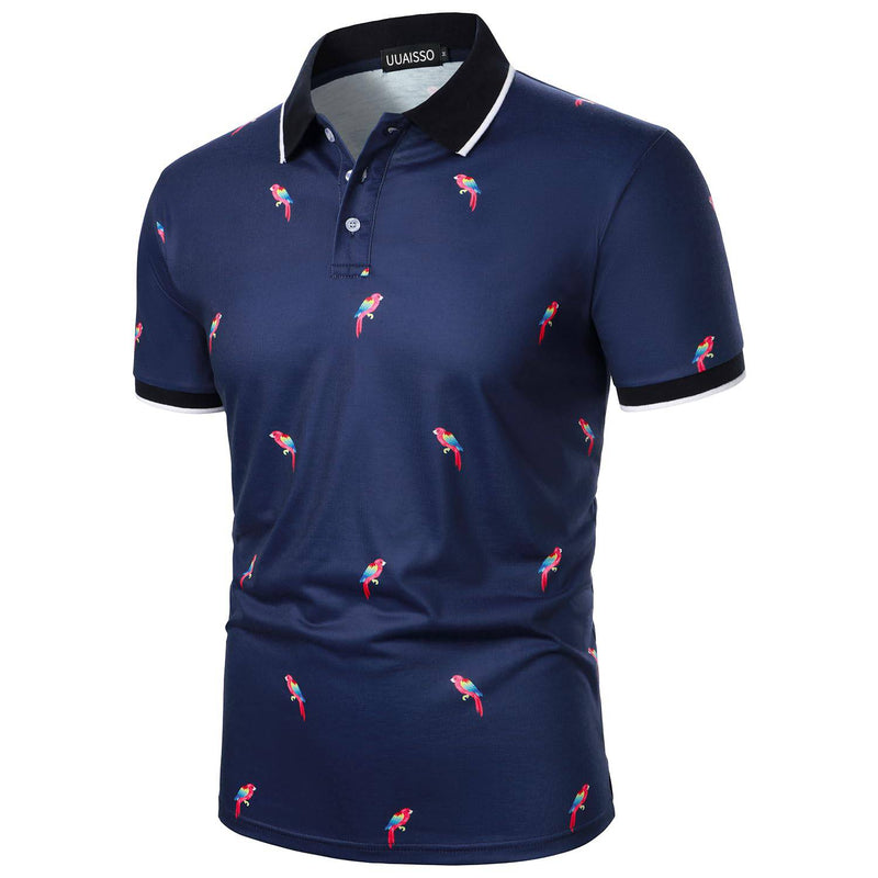 UUAISSO Men's Short Sleeve Polo Shirt Casual Floral Golf Shirts Tropical Tops Summer Shirt for Men Blue Parrot