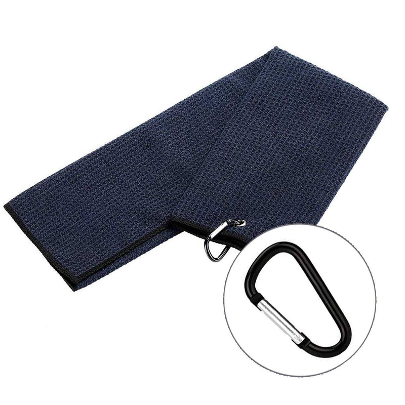 Vetoo Tri-fold Golf Towel | Premium Microfiber Fabric | Waffle Pattern | Heavy Duty Carabiner Clip for Hanging on Golf Club Bag (06.Black+Blue)